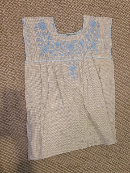 Nativa Tops - Nativa Light Blue Embroidered Mexican Square-Yoke grey gingham Tunic Sz XL